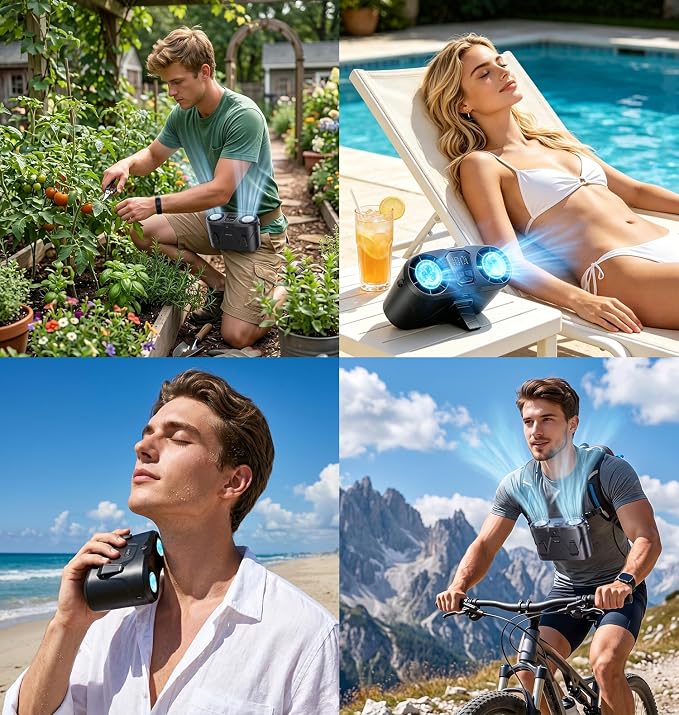 Portable Waist Fan with 2 Ice Cooling Plates & Flashlight, Personal Neck Belt Clip On Fan Dual Turbo 32000 RPM, Shirt Fans Air Conditioner 10000mAh Rechargeable, 100 Speeds for Outdoor Travel Jobsite