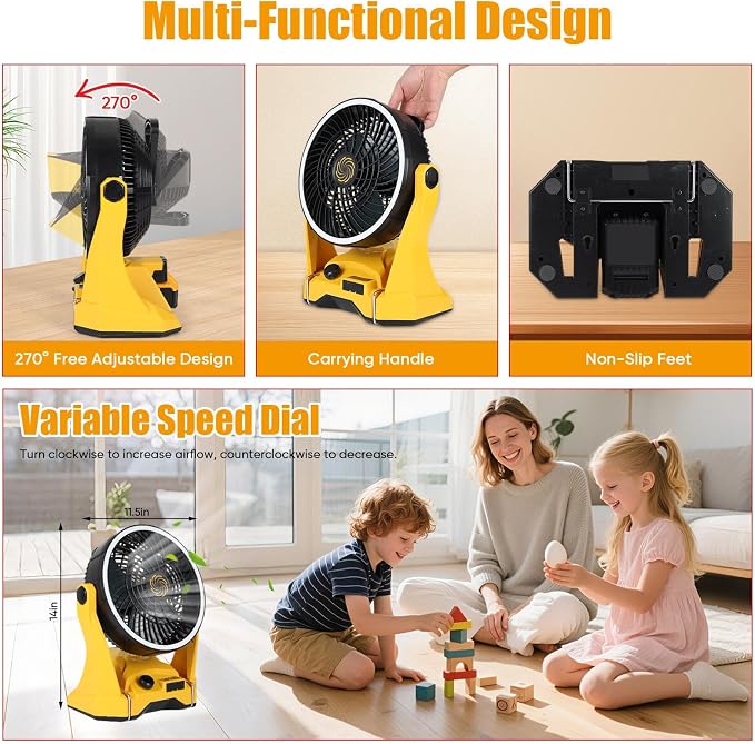 Fan Compatible with DeWalt 20V Battery Portable Jobsite Camping Fan with Infinite Speed Control USB-C and USB Charging, Hook, Handle 270° Tilt 4.5H Max Runtime for Outdoor Use Battery Not Included