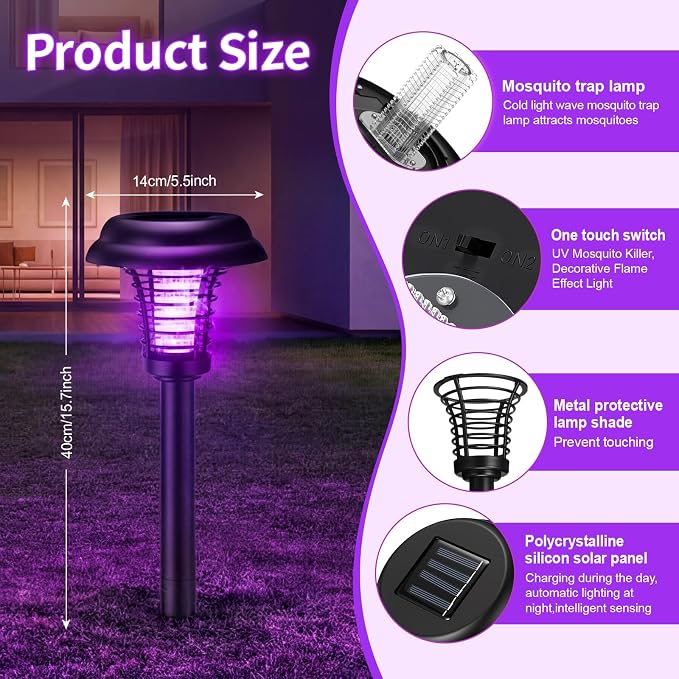4 Pcs Solar Bug Zapper Outdoor Waterproof Mosquito Repellent Light Solar Power Fly Killer Lamps for Moths, Gnats, Fly, Small Flying Insect Backyard Garden Lawn (Plastic,Purple & Flame Light)