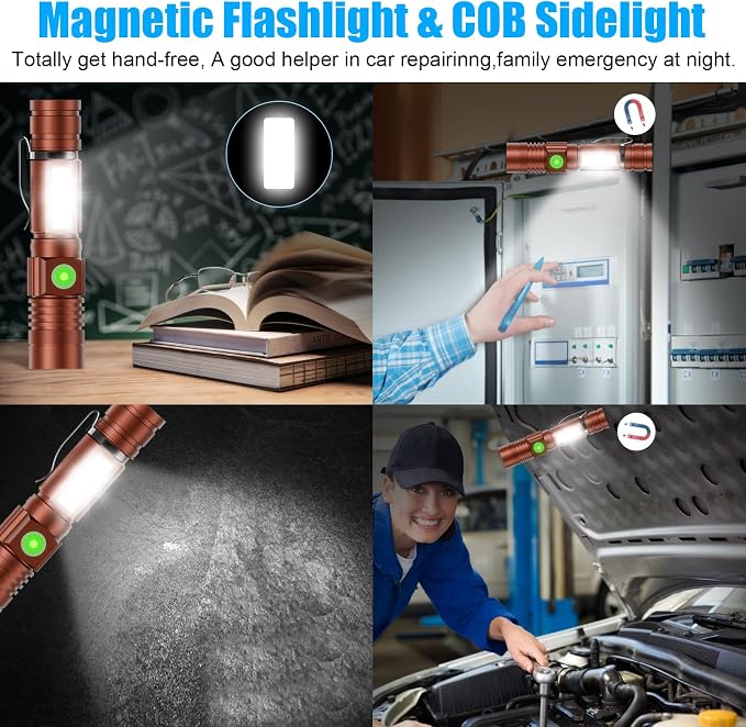 Hoxida Flashlight USB Rechargeable, Magnetic LED Flashlight, Super Bright LED Tactical Flashlight with Cob Sidelight, Waterproof, Zoomable Best Small LED Flashlight for Camping, Emergency - Brwon