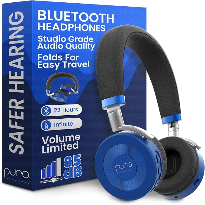 Puro Sound Labs JuniorJam Plus Volume-Limiting Wireless Bluetooth Headphones for Kids, Secure Audio with Adjustable On-Ear Design, 22-Hour Battery Life, Ideal for Tablets, Smartphones & PCs - Blue