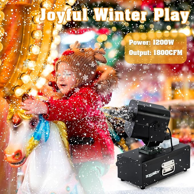 Snow Machine 1200W Snow Making Machine, Moving Head Snow Maker, Snowflake Maker with Wired Control Wireless Remote Adjustable Snow Size for Christmas Wedding Party Photography Parade Stage