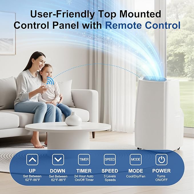 Uthfy 14,000BTU Portable Air Conditioners, 4-in-1 Function Ac Unit with Cooling, Dehumidifier,Fan and Sleep Mode, Self-evaporation, 24H Timer Auto-on/off, Cools up to 750 sq.ft, Window kits Included