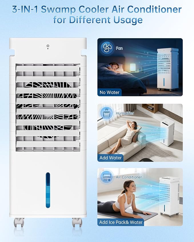 Portable Air Conditioners, Swamp Cooler Portable AC Unit for Room, Windowless Cooling Fan That Blow Cold Air w/Remote 5L Tank 12 Speeds 9H Timer, Evaporative Air Cooler for Bedroom Gara (White)