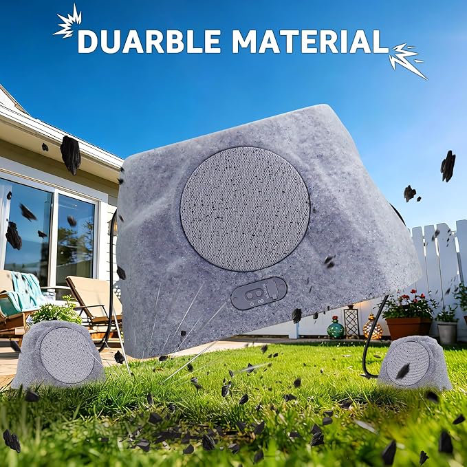 uuffoo 1-to-2 Solar Powered Rock Speakers Outdoor Water-Resistant IP44 Rock Speaker with Bass and USB Charging for Patio Pool Party Yard Garden Outside