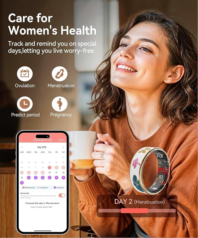 Smart Ring for Women Fitness Tracker with Heart Rate Blood Oxygen Menstrual Cycle Sleep Monitoring Step Counting IP68 Waterproof for iOS and Android No Subscription Fee (11#)