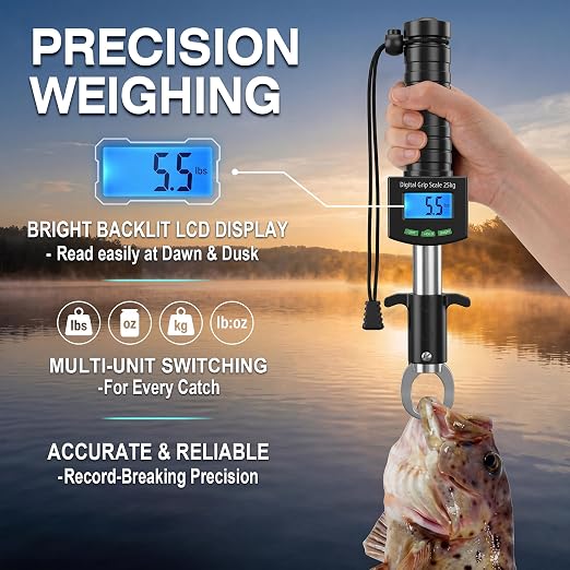 Digital Fish Scale with Fish Gripper, Waterproof Fishs Scales Digital Weight with LCD, 55lb Capacity, Portable Fishs Weigh Kit & Fishings Accessories for Fly& Ice Fishing, Fishing Gear - Gift for Men