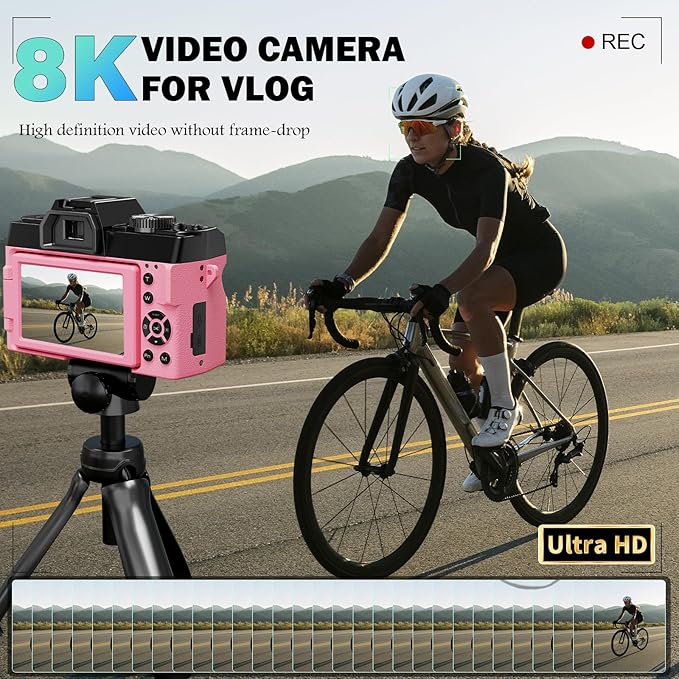 8K Digital Cameras for Photography 64MP - 16X Zoom Autofocus, WiFi, 180° Flip Screen with Wide-Angle & Macro Lens, Vlogging Camera for YouTube Travel with 64GB TF Card, 2 Batteries & Mic (Pink)