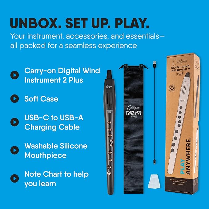 Carry-on Digital Wind Instrument 2 Plus - Lightweight & Rechargeable with 20 Instrument Voices - Built-In Speaker and MIDI Bluetooth Connectivity for Performances and Practice Anywhere - Black