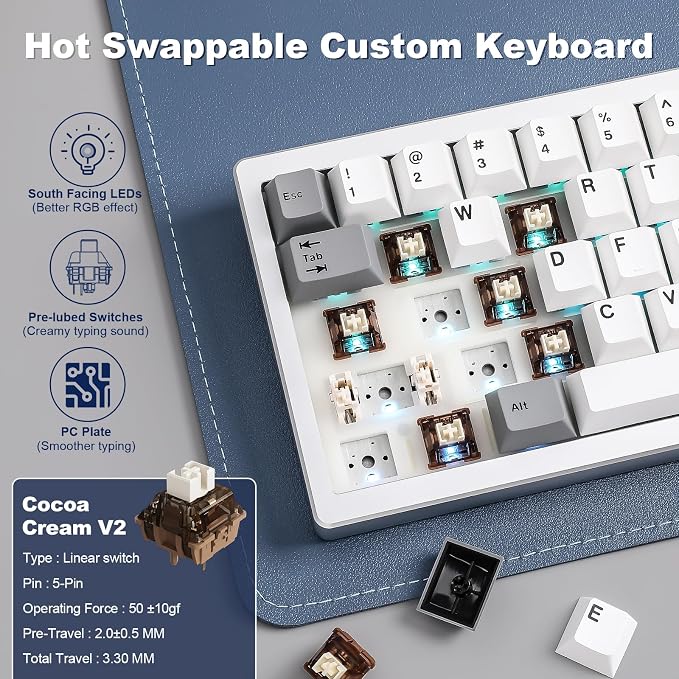 YUNZII AL68 Wireless Mechanical Keyboard,Full Aluminum CNC,60% Layout with Knob, QMK/VIA Software,Gasket Mounted,Hot Swappable,RGB Backlit,BT/2.4G/USB-C for Mac/Win (Silver, Cocoa Cream V2)