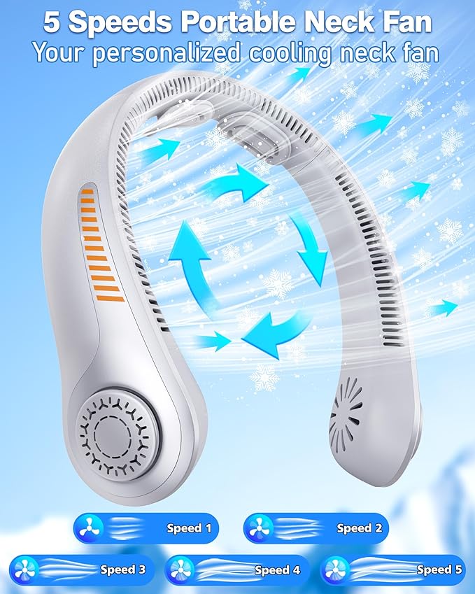 Portable Neck Fan - Rechargeable Personal Fan with Neck Support, 5000mAh, 5-Speed Quiet, Lightweight Long Lasting Bladeless Fan, Wearable Cooling Fan for Hot Flashes, Travel, Gifts for Men Women