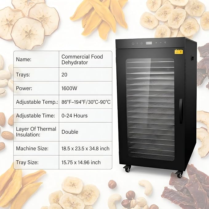 CLIVIA Commercial Food Dehydrator, 32.73 ft² Dehydrator with Wheel, 1600W Extra Large Capacity 20 Tray Industrial Meat Dryer for Jerky, Fruit, Dog Treats, 194°F Max Temp & 0-24H Timer