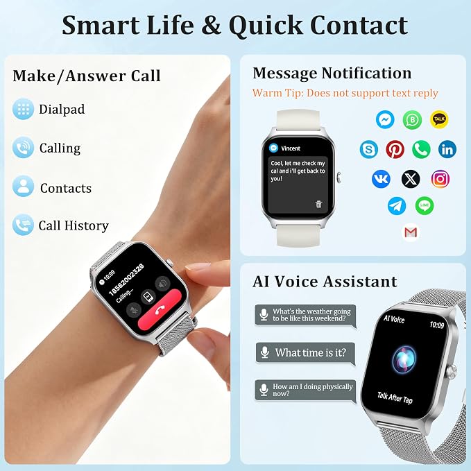 Smart Watch Women Men, 1.85’’ Reloj Inteligente para mujer hombre, Make/ Answer Call, Health Monitor/Blood Pressure, 110+ Sports Modes, Voice Control, IP68 Waterproof Compatible with Android & iPhone