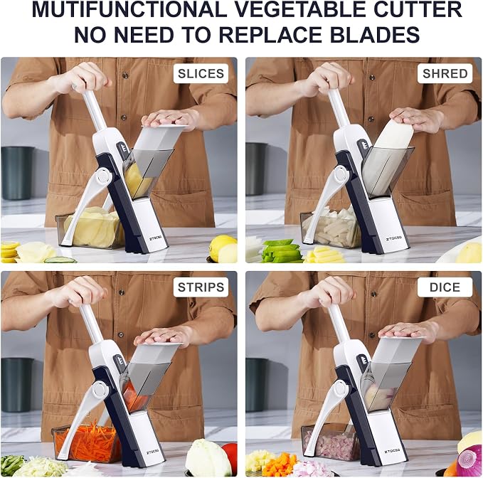 5 in 1 Safe Mandoline Slicer for Kitchen, Safe Vegetable Chopper with Paring Knife, Adjustable Thickness, Easy to Clean, Vegetable Slicer, Slicing, Strips, Shredding, Dicing, Chop (DarkBlue)