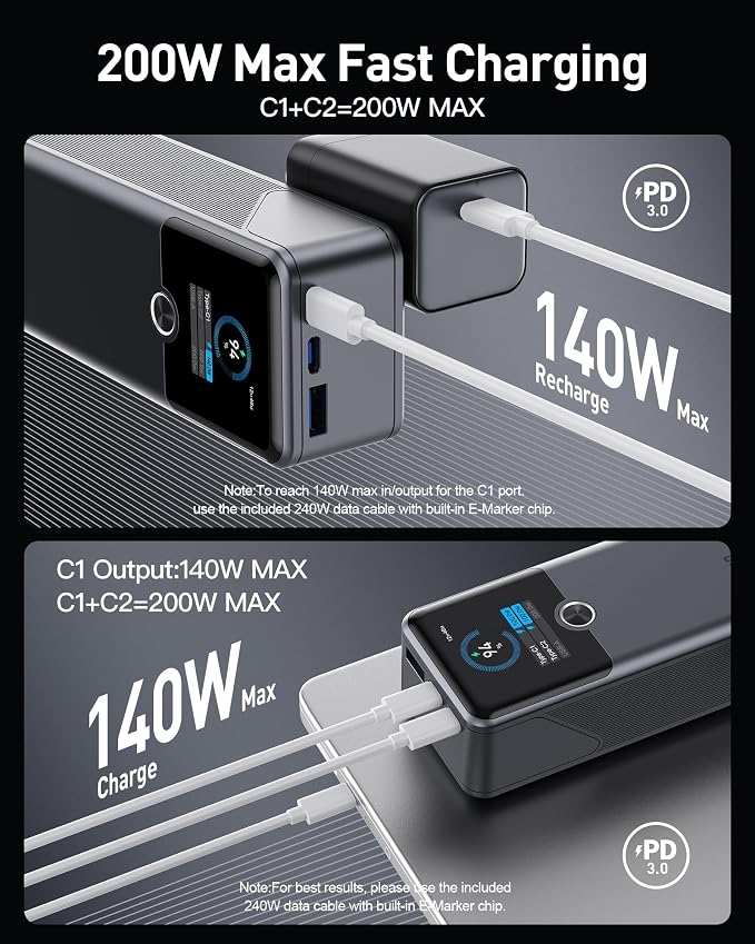 SIXTHGU Laptop Power Bank, 3-Port 20,000mAh Portable Charger with 200W Max Output, PD 3.1 Fast Charging, Flight-Approved for Travel, PowerTower, for MacBook, iPhone 17/16 Series, and More(Grey)