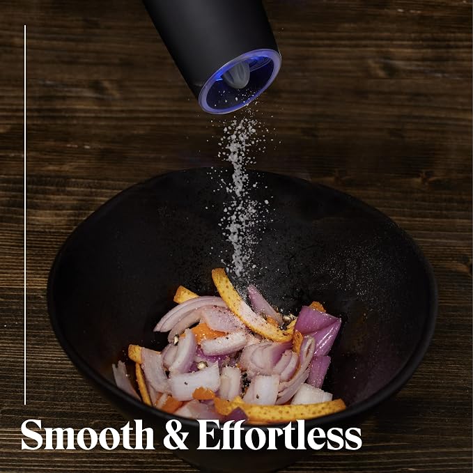 Willow & Everett Electric Salt and Pepper Grinder Set - 2 Battery-Operated, Automatic Salt and Pepper Shakers - Black and Stainless Steel Gravity Electric Salt Grinder & Pepper Mill for Seasoning
