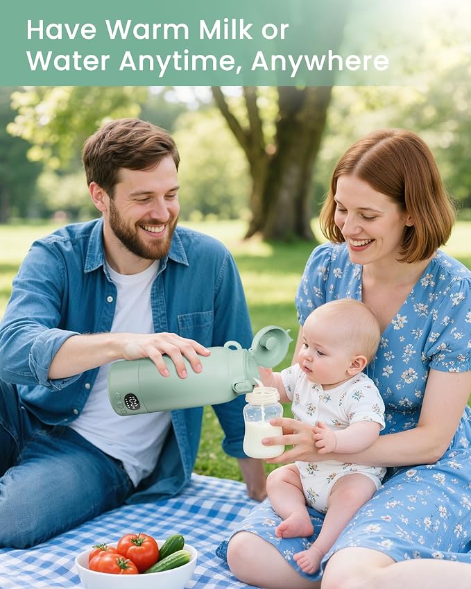 Portable Bottle Warmer - Dual Heating Modes for Breast Milk & Water, 17 Ounces, Fast Heating, Long Lasting Battery, Ideal for Travel, Outdoor, Baby Shower, Light Green