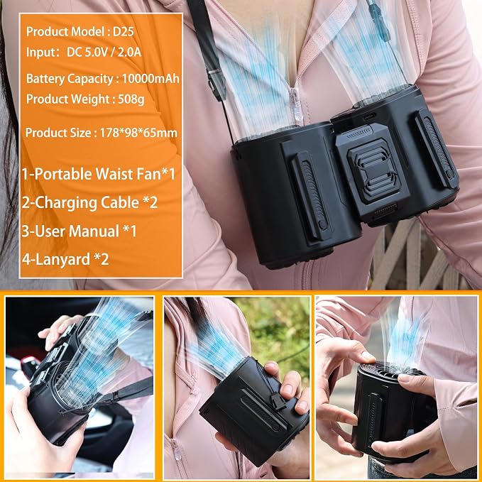 Portable Waist Fan Detachable Dual-Fan Combination Turbo Technology10000 mAh 5-Speed 13000RPM Clip On Belt Wearable Personal Neck Fan for Traveling Outdoor Jobsite Camping WZ-ruijiang (BLACK)