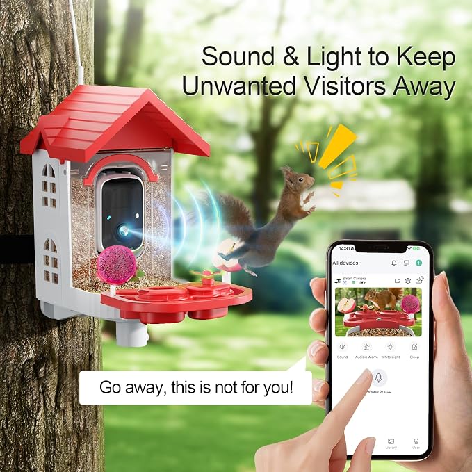 SV3C Bird Feeder with Camera, Smart Bird Feeder Camera with AI Identify BirdSpecies, Solar Powered, Instant Alerts, 2K HD Video, Various DIY Addons, 2.4G WiFi, Gift for Mom Dad and Birdlover (Red)