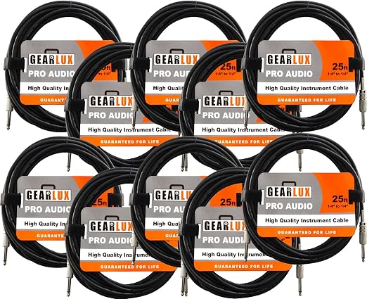 Gearlux Instrument Cable/Guitar Cable, 1/4 Inch, Straight to Straight, Black, 25 Feet - 10 Pack