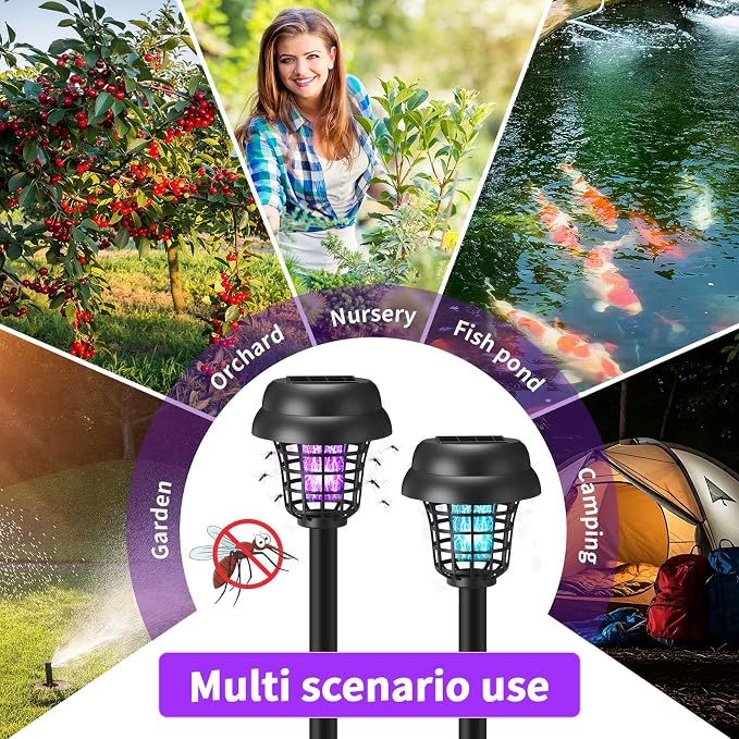 4 Pcs Solar Bug Zapper Outdoor Waterproof Mosquito Repellent Light Solar Power Fly Killer Lamps for Moths, Gnats, Fly, Small Flying Insect Backyard Garden Lawn (Plastic,Purple & Colored Light)