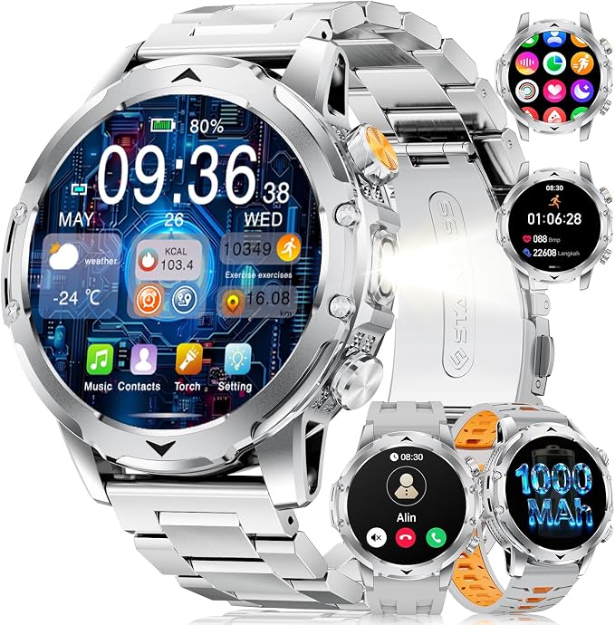 FITFLEX Military Smart Watches for Men with Answer/Make Call, 1.53“ HD Smart Watch with 1000 mAh Battery/LED Torch/120+Sports/Waterproof IP68, Watch for Men Compatible with Android/iOS(Silver)