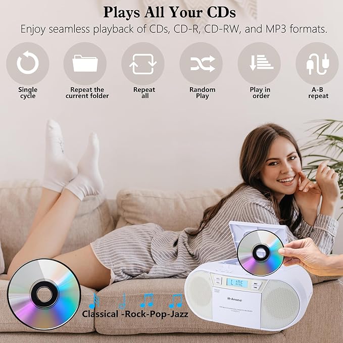 Boombox CD Player Portable, Cassette Player Combo with CD MP3 Bluetooth AUX TF USB FM Radio AC/DC Powered, Boom Box with Remote Control, Headphone Jack, Stereo Sound for Home,Kids,Gift