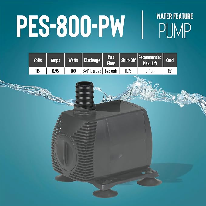 Little Giant PES-800-PW 115-Volt, 875 GPH Magnetic Drive Fountain/Pond Pump with 15-Ft. Cord, Black, 566721