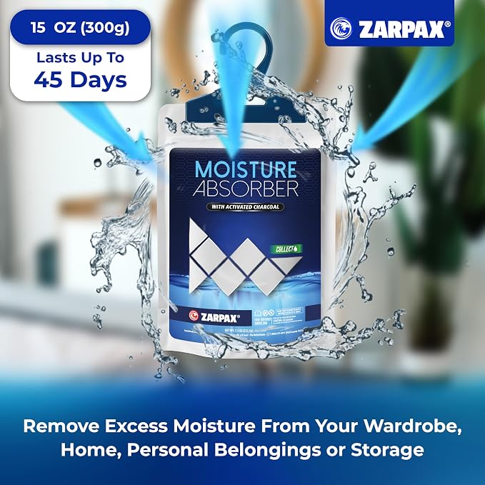 Zarpax Moisture Absorber Sachets Activated Charcoal 7.5 oz/212g - Remove Excess Moisture In Air & Odor - Desiccant Dehumidifier for Closet, Drawer, Storage - Dampness & Humidity Control - Set of 20