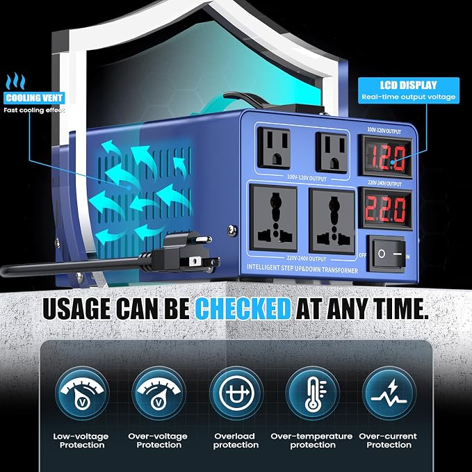 5000 watt Voltage Conversion Transformer Heavy-Duty Step-up/Step-Down AC 110V/120V/220V/240V Power Conversion, with resettable Circuit Breaker Protection, with US Power Cord, LCD Display