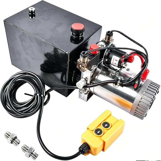 8 Quart Hydraulic Power Unit 1.6kW Power, 12V DC Double Acting Hydraulic Pump for Dump Trailer Car Lifting, Hydraulic Pump Power Unit Steel (GC01) & Aluminium Alloy with Metal Oil Reservoir
