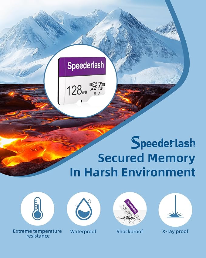 Micro SDXC Memory Card 128GB-Speederlash Camera Plus TF Card with Adapter, U3, V30, Up to 95MB/s Read Speed, 4K UHD&5K Video Support, A1 Rated, Waterproof, for Security Camera, Dashcam,Drone