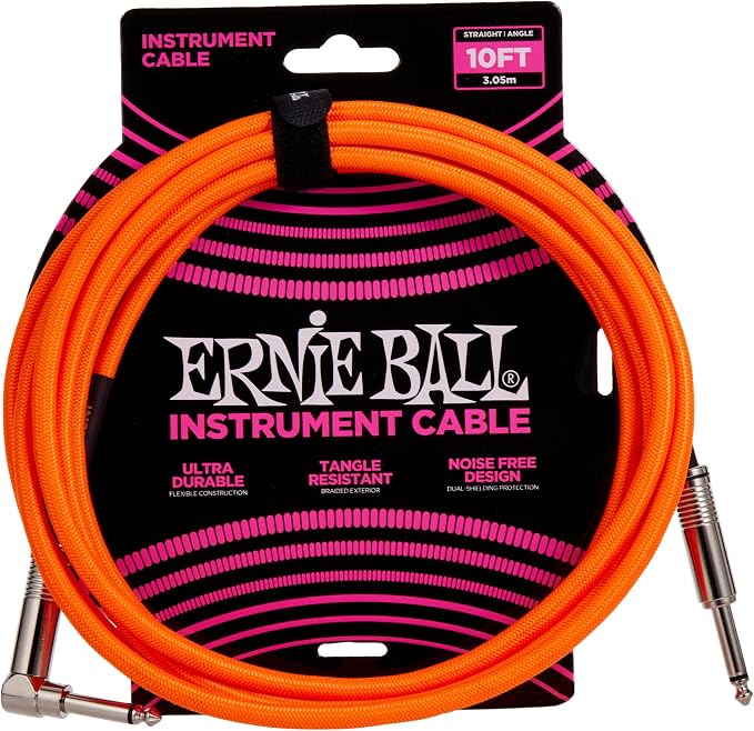 Ernie Ball Braided Instrument Cable, Straight/Angle, 10ft, Neon Orange (P06079)