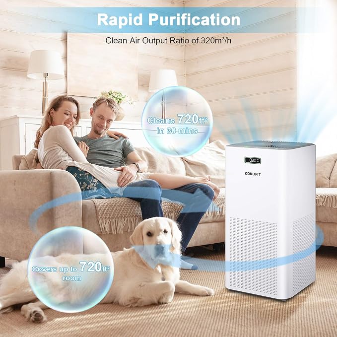 Kokofit Air Purifiers for Home, H13 True HEPA Filter, Allergies Pets Hair Dust Odor Smoke Mold Pollen, 26dB Smart Silent Sleep Mode, White
