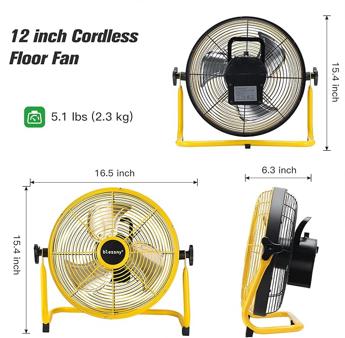 blessny 12'' Portable Rechargeable Floor Fan for Home Patio Camping Gym RV Greenhouse, Max 60 Hours Long Running Time