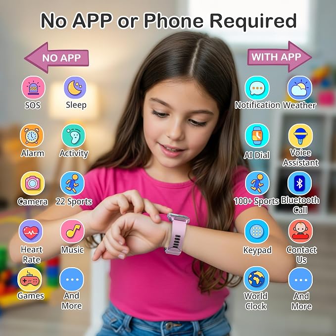 Kids Waterproof Smart Watch Girls with Fitness Tracker Sports Activity Pedometer Heartrate SpO2 Stress Monitor Flashlight APP HD Touch Screen Camera Games Music for 4-13 Year Old Girls Gifts for Kids