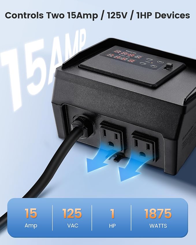 SURAIELEC Infinite Cycle Pool Timer for Above Ground Pools, Plug-in Digital Cycle Timer with Dual Outlets, 15A 125V 1HP, Weatherproof Outdoor Timers for Pool Pumps, Salt Systems, Irrigation Equipment
