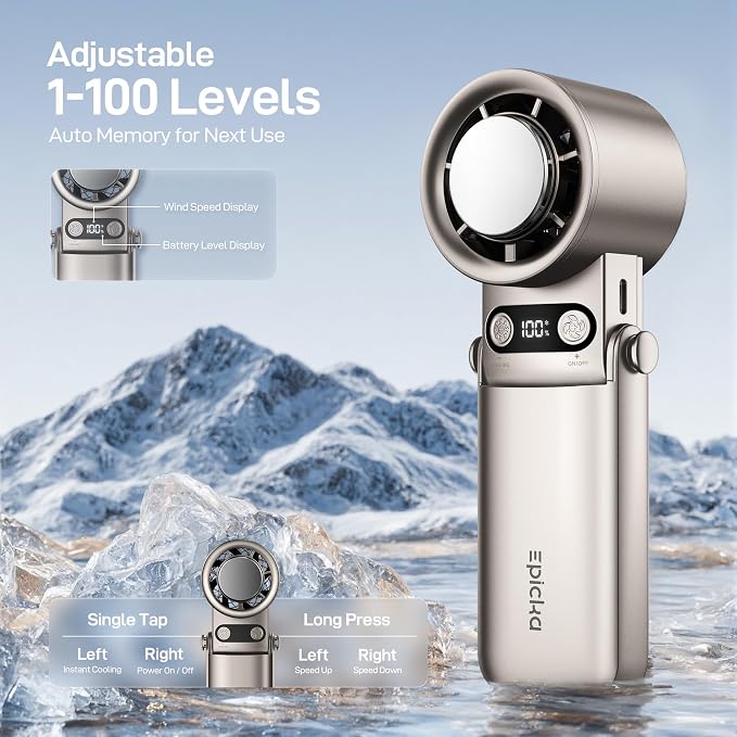 EPICKA Portable Handheld Fan with Ice Cooler - 25H Runtime, Rechargeable 6800mAh Personal Turbo Fan with Power Bank, Fast Charging, 0-100 Speed, Gifts for Women, Summer Travel Essentials, Gold