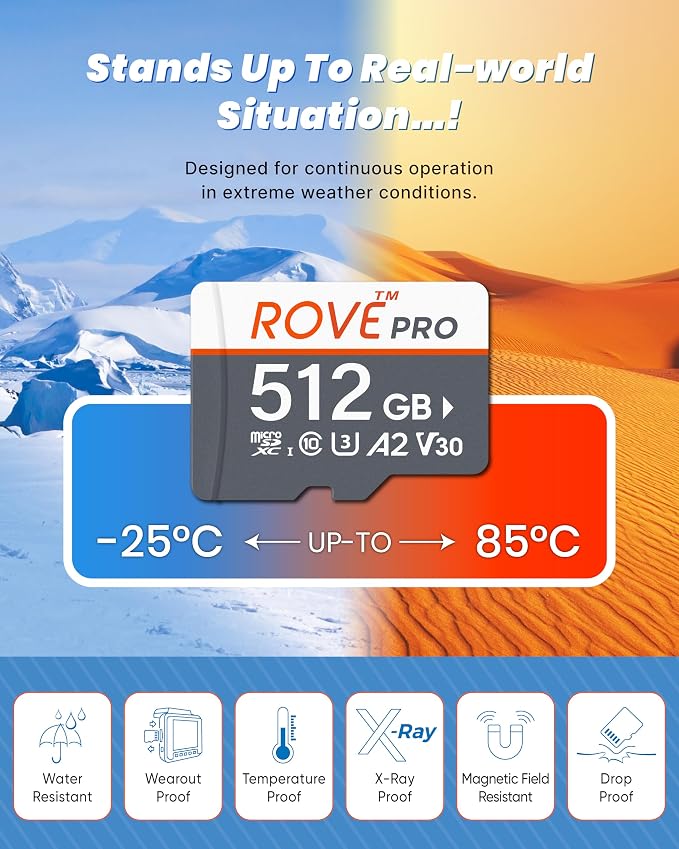 ROVE PRO Micro SD Card microSDXC 512GB Memory Card with Full-Size SD Adapter 100MB/s Read Speed, C10, U3, V30, 4K, A2 for Dash Cam, Android Smart Phones, Tablets, Games