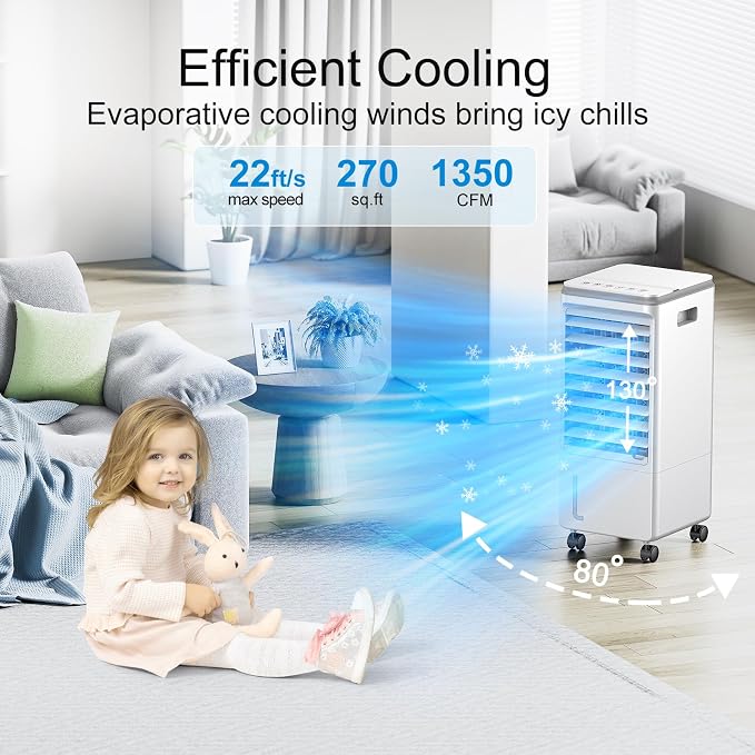 Portable Air Conditioner, Windowless Ac Fan for Room Bedroom Indoor 1.85 Gal Water Tank, 3 Speeds, 80°Oscillation,