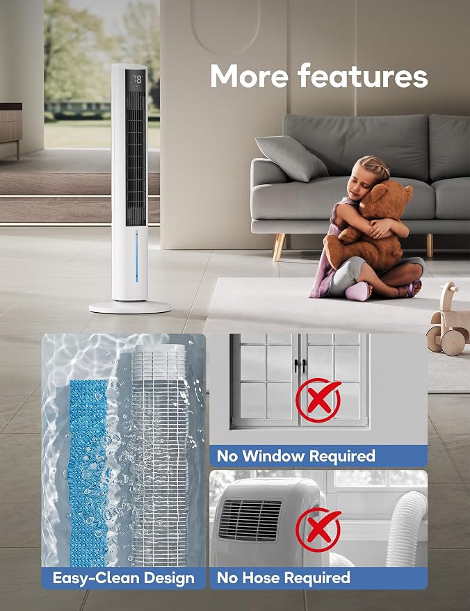 Windowless Portable Air Conditioner, 45.1" Evaporative Air Cooler w/1.06Gal Water Tank & 4 Ice Packs, 12H Timer, 60° Swing, No Hose No Window Needed, 3-IN-1 Quiet AC Unit for Room Bedroom, Pearl