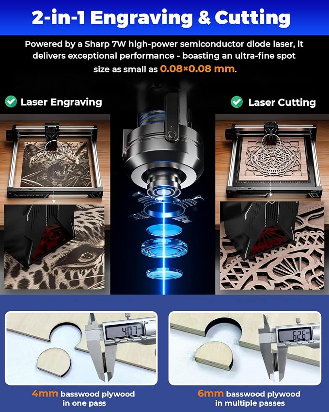 ATOMSTACK Swift Laser Engraver for Beginners, 7000mW Output Laser Cutter, Laser Class 4, 300×300mm Working Area, 0.08mm Accuacy Engraving Machine for Wood, Leather, Coated Metal, Acrylic (Swift 7W)