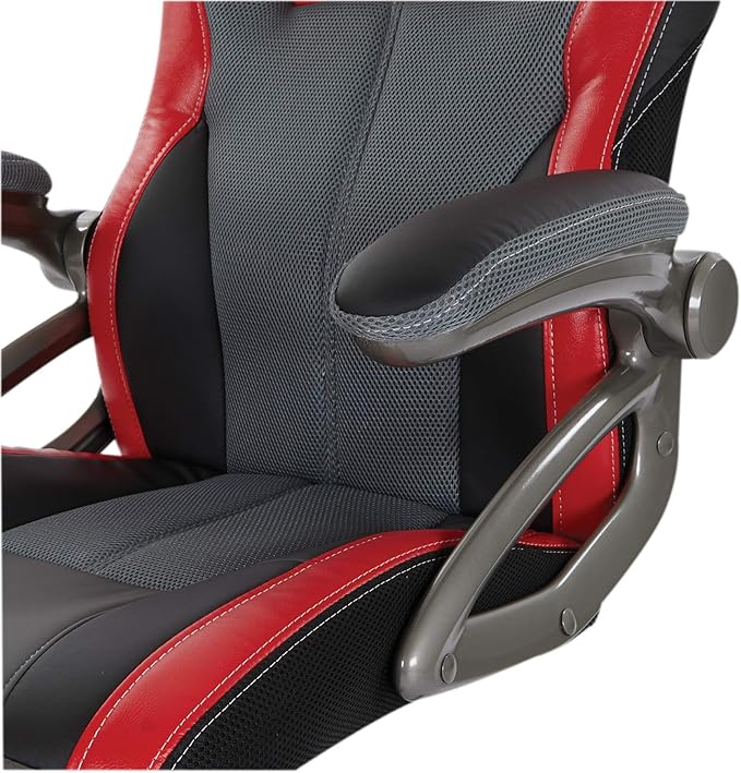 OSP Home Furnishings Race Car Adjustable Gaming Chair, Charcoal Grey Bonded Leather with Red Accents