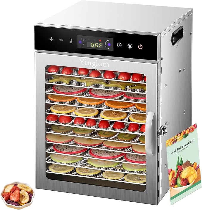 Food Dehydrator Machine with 12 Stainless Steel Trays, 800W Dual-Fan Dehydrator for Home, 24H Timer, 86-194℉ Temperature Control, LED Digital Dispiay for Jerky, Fruit, Vegetable, Herbs, and Dog Treats