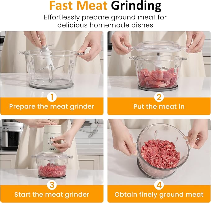 Sunvivi 250W Blender and Food Processor, 4 in 1 Electric Food Chopper for Grinding Meat, Peeling Garlic & Juicing, Variable Speed with 1.5L Glass Bowl & 2 Cups (0.4L+0.2L)