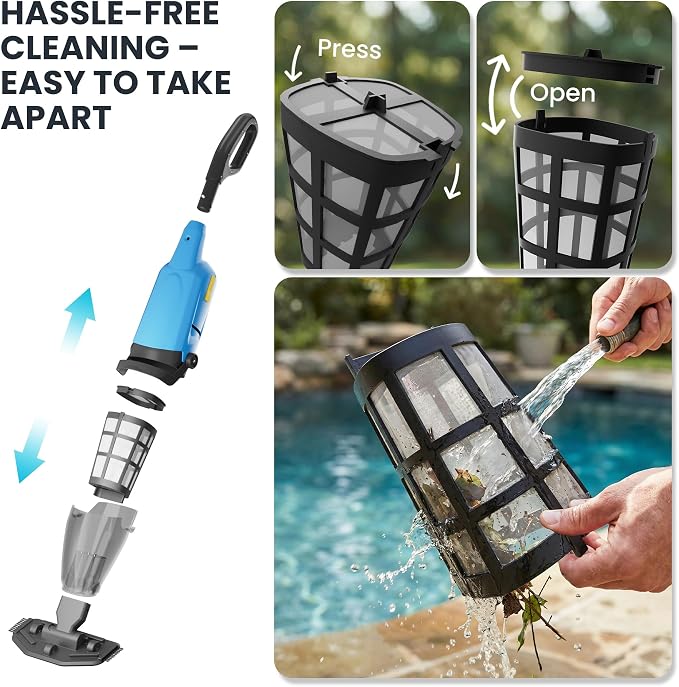 Cordless Pool Vacuum Above & Inground Pools, Powerful 15GPM Suction, Handheld Pool Vacuum with 4 Section Pole up to 87", 1H Runtime, Debris Filter Bin, Rechargeable Pool Cleaner for Spas & Hot Tubs