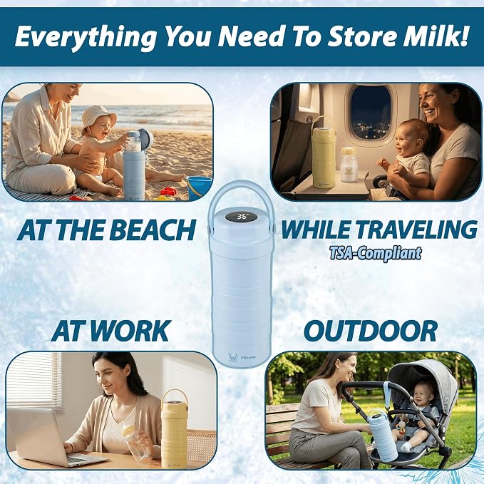 4ALLFAMILY 22oz Breast Milk Cooler Travel Bag – Larger Capacity Stores 2x11oz Bottles for More Milk - 24+ Hour Biogel Cooling & TSA-Compliant - Breastmilk Cooler Storage with Silicone Nipples – Blue
