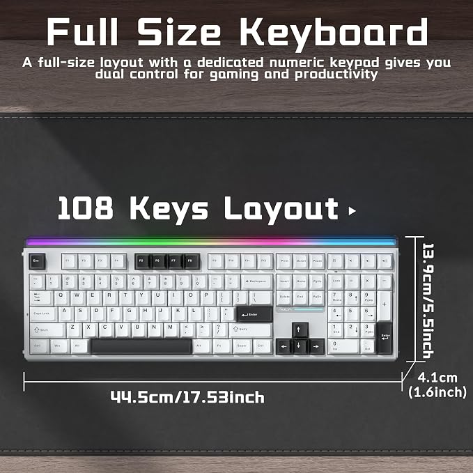 Aula H108 Wireless Mechanical Keyboard, Hot Swappable Silent Keyboard, Full Size Keyboard with Number Pad, Gasket Structure, RGB Backlit Computer Gaming Keyboard with PBT Keycaps for PC/Office