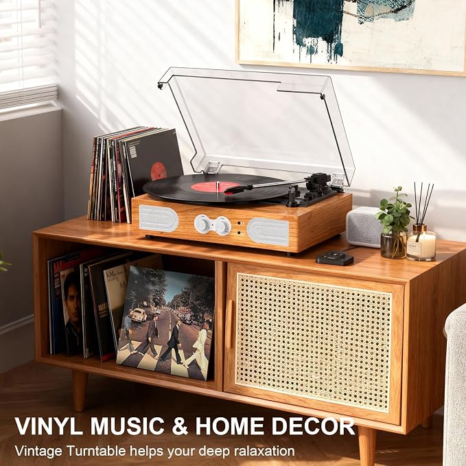 Vinyl Record Player with Built-in Speakers 3-Speed Vintage Record Player Support Treble& Bass Control, 3.5mm Headphone Jack, RCA-Out/Aux in, Belt-Driven LP Turntable,Natural Wood