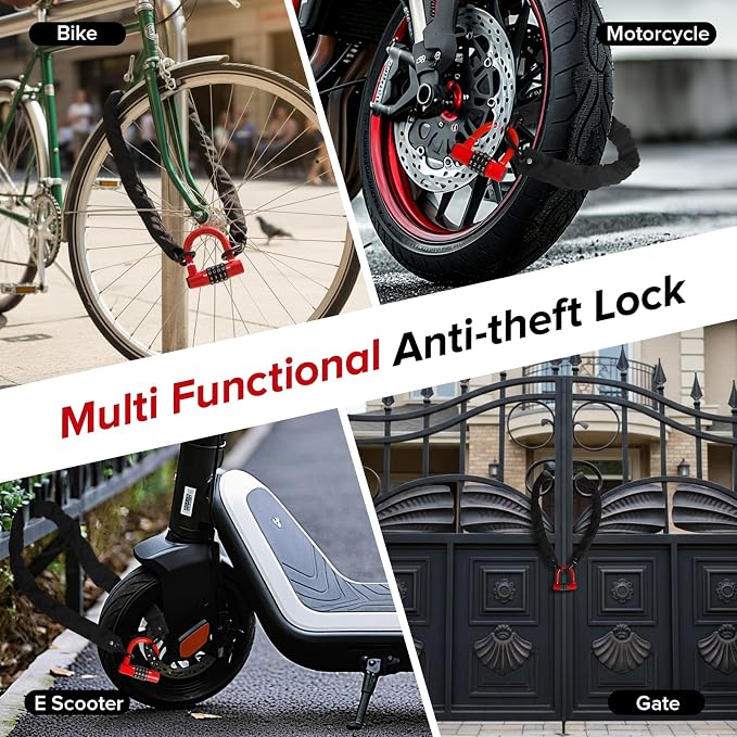 Bike Chain Lock Combination, 4 Digit Mini U Lock Anti-Theft Bicycle Lock Combo, 3.3FT x 8mm Security Steel Chain Locks for Electric Bike, Scooter, Motorcycle ﻿